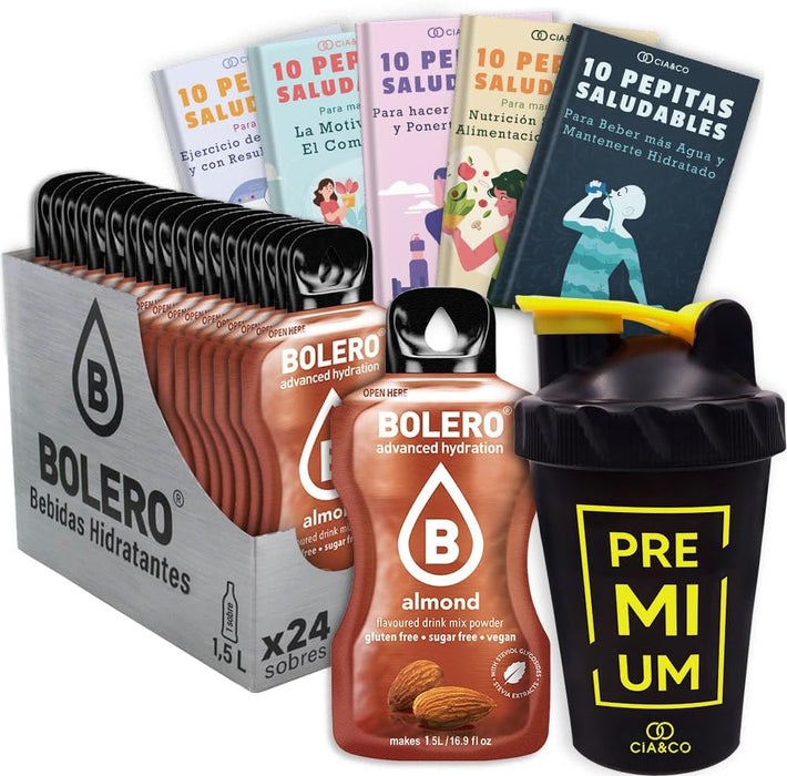 Bolero Almendra Sin Azúcar (24x9g) + Shaker Cia&Co (500ml). Pack completo de bebida hidratante con 50 Pepitas Saludables para un estilo de vida activo. Cia&Co - frontal