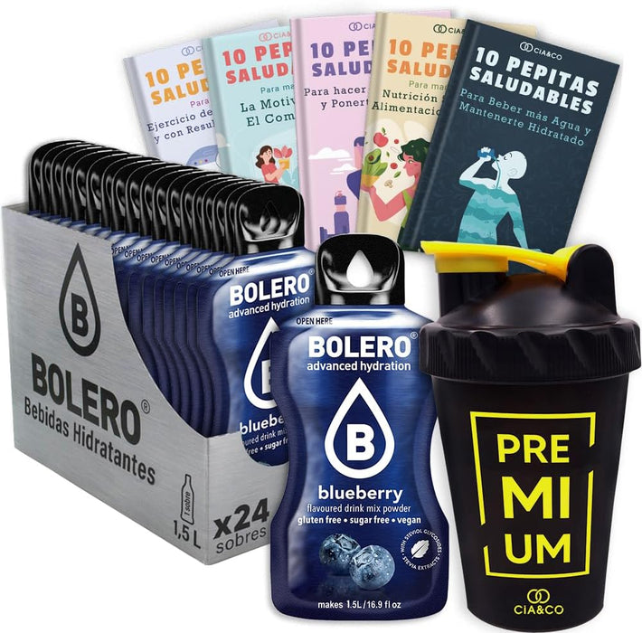Bolero Arándano Azul Sin Azúcar (24x9g) + Shaker Cia&Co (500ml). Pack completo de bebida hidratante con 50 Pepitas Saludables para un estilo de vida activo. Cia&Co - frontal