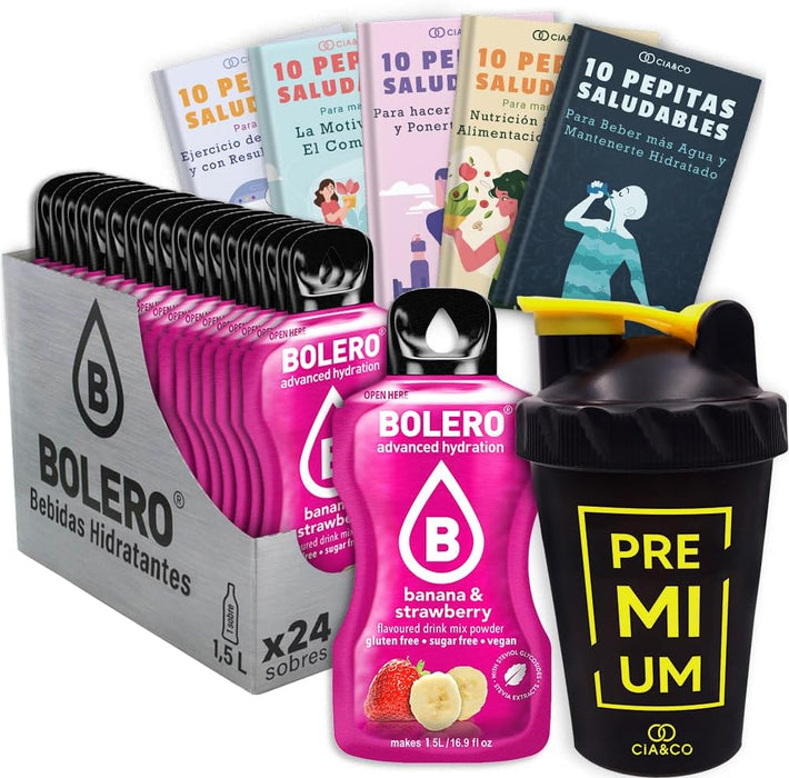 Bolero Banana y Fresa Sin Azúcar (24x9g) + Shaker Cia&Co (500ml). Pack completo de bebida hidratante con 50 Pepitas Saludables para un estilo de vida activo. Cia&Co - frontal