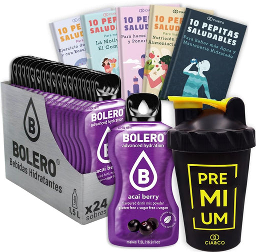 Bolero Bayas de Acai Sin Azúcar (24x9g) + Shaker Cia&Co (500ml). Pack completo de bebida hidratante con 50 Pepitas Saludables para un estilo de vida activo. Cia&Co - frontal