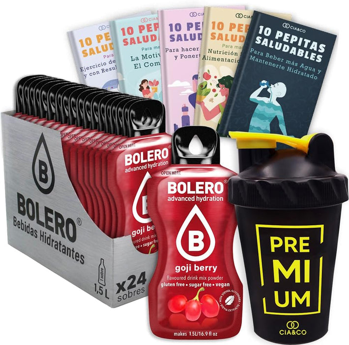 Bolero Bayas de Goji Sin Azúcar (24x9g) + Shaker Cia&Co (500ml). Pack completo de bebida hidratante con 50 Pepitas Saludables para un estilo de vida activo. Cia&Co - frontal