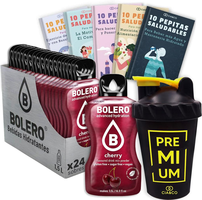 Bolero Cereza Sin Azúcar (24x9g) + Shaker Cia&Co (500ml). Pack completo de bebida hidratante con 50 Pepitas Saludables para un estilo de vida activo. Cia&Co - frontal