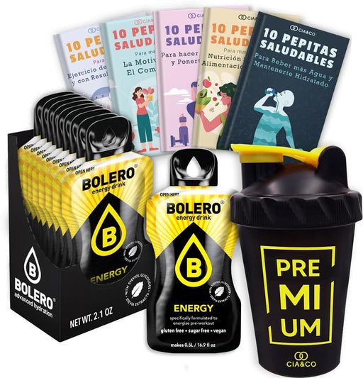 Bolero ENERGY Sin Azúcar (24x7g) + Shaker Cia&Co (500ml). Pack completo de bebida energética con 50 Pepitas Saludables para un rendimiento superior. Cia&Co - frontal