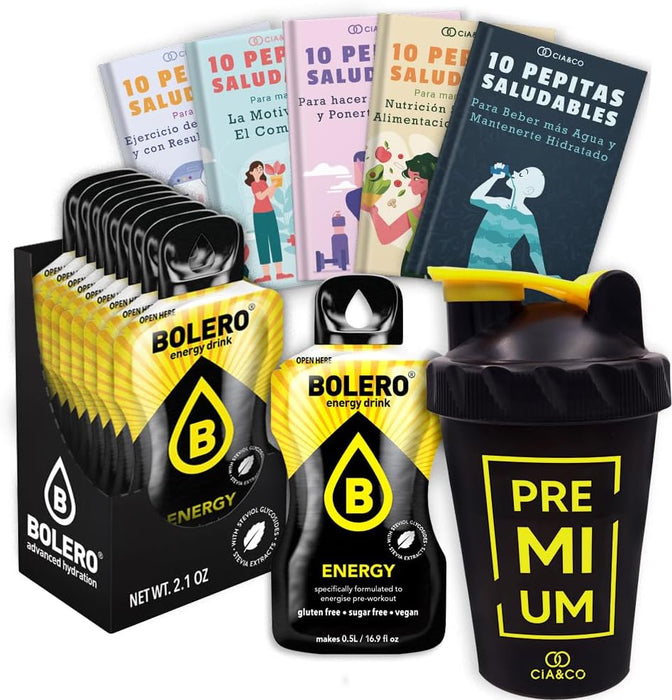 Bolero ENERGY Sin Azúcar (24x7g) + Shaker Cia&Co (500ml). Pack completo de bebida energética con 50 Pepitas Saludables para un rendimiento superior. Cia&Co - frontal