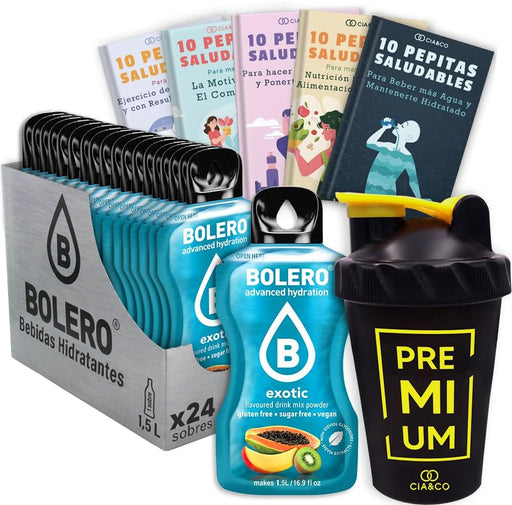 Bolero Exótico Sin Azúcar (24x9g) + Shaker Cia&Co (500ml). Pack completo de bebida hidratante con 50 Pepitas Saludables para un estilo de vida activo. Cia&Co - frontal
