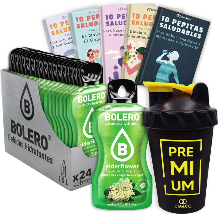 Bolero Flor de Saúco Sin Azúcar (24x9g) + Shaker Cia&Co (500ml). Pack completo de bebida hidratante con 50 Pepitas Saludables para un estilo de vida activo. Cia&Co - frontal