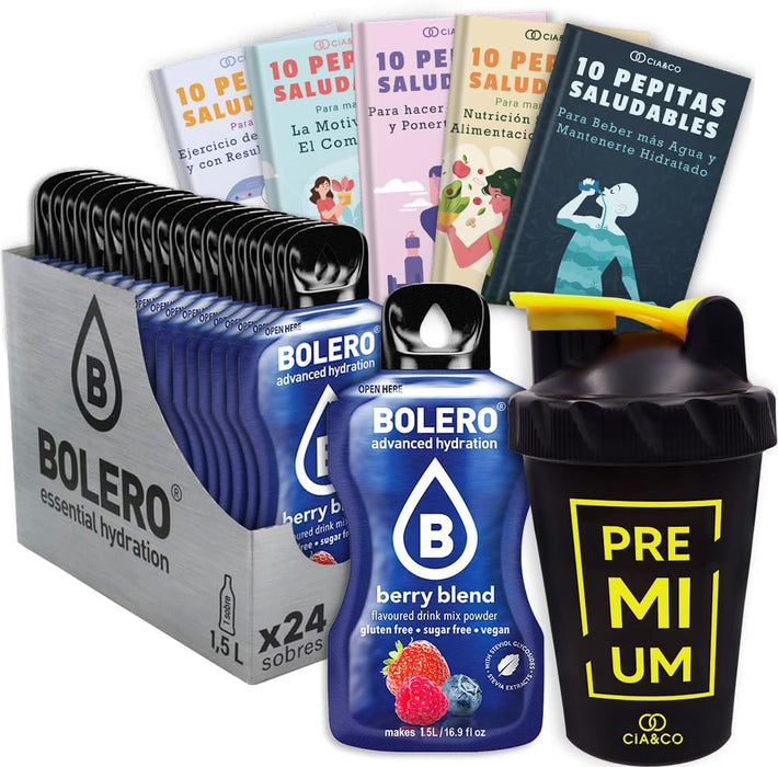 Bolero Frutos Rojos Sin Azúcar (24x9g) + Shaker Cia&Co (500ml). Pack completo de bebida hidratante con 50 Pepitas Saludables para un estilo de vida activo. Cia&Co - frontal