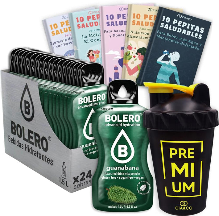 Bolero Guanábana Sin Azúcar (24x9g) + Shaker Cia&Co (500ml). Pack completo de bebida hidratante con 50 Pepitas Saludables para un estilo de vida activo. Cia&Co - frontal