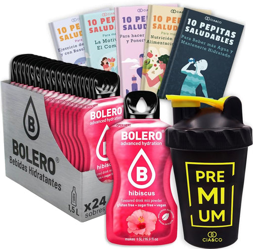 Bolero Hibisco Sin Azúcar (24x9g) + Shaker Cia&Co (500ml). Pack completo de bebida hidratante con 50 Pepitas Saludables para un estilo de vida activo. Cia&Co - frontal