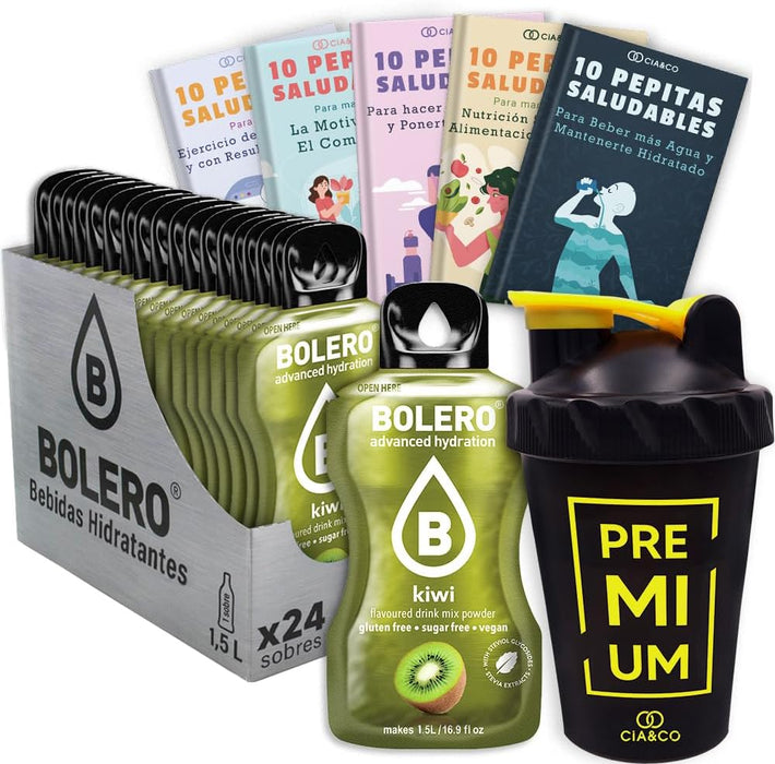 Bolero Kiwi Sin Azúcar (24x9g) + Shaker Cia&Co (500ml). Pack completo de bebida hidratante con 50 Pepitas Saludables para un estilo de vida activo y tropical. Cia&Co - frontal