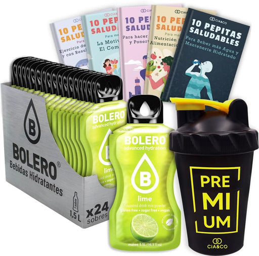 Bolero Lima Sin Azúcar (24x9g) + Shaker Cia&Co (500ml). Pack completo de bebida hidratante con 50 Pepitas Saludables para un estilo de vida activo. Cia&Co - frontal