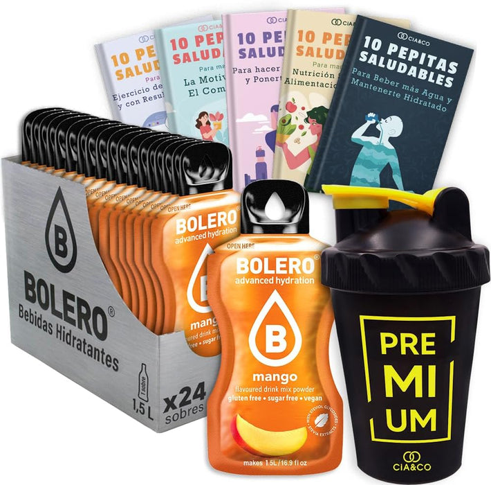 Bolero Mango Sin Azúcar (24x9g) + Shaker Cia&Co (500ml). Pack completo de bebida hidratante con 50 Pepitas Saludables para un estilo de vida activo. Cia&Co - frontal