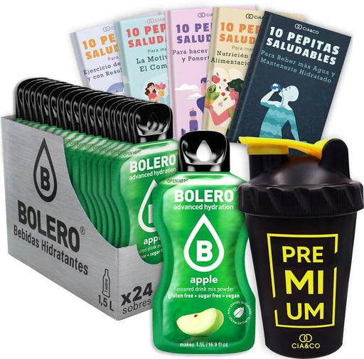 Bolero Manzana Sin Azúcar (24x9g) + Shaker Cia&Co (500ml). Pack completo de bebida hidratante con 50 Pepitas Saludables para un estilo de vida activo. Cia&Co - frontal