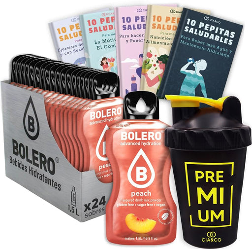 Bolero Melocotón Sin Azúcar (24x9g) + Shaker Cia&Co (500ml). Pack completo de bebida hidratante con 50 Pepitas Saludables para un estilo de vida activo. Cia&Co - frontal