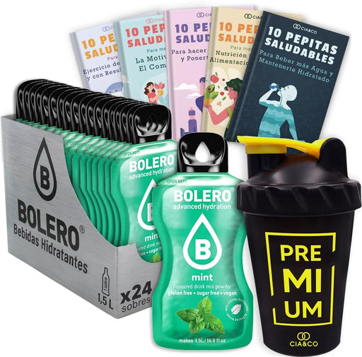 Bolero Menta Sin Azúcar (24x9g) + Shaker Cia&Co (500ml). Pack completo de bebida hidratante con 50 Pepitas Saludables para un estilo de vida activo. Cia&Co - frontal