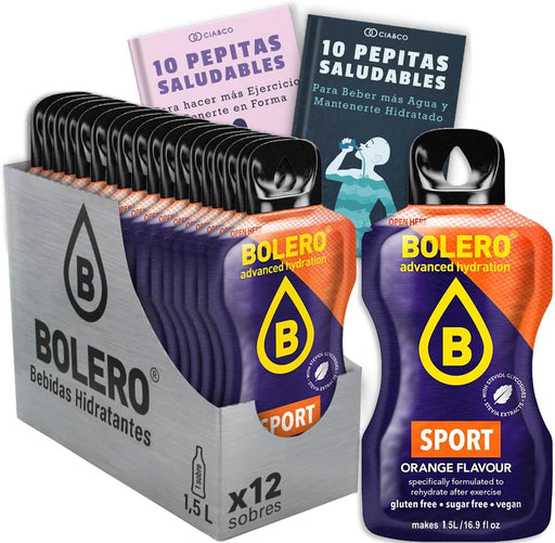 Bolero Naranja Isotónico Sin Azúcar (12x9g). Bebida en polvo para una hidratación deportiva saludable, con Stevia y Vitamina C. Incluye 20 Pepitas Saludables by Cia&Co. Cia&Co - frontal