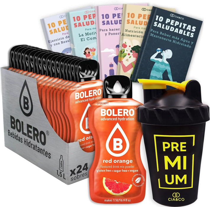 Bolero Naranja Roja Sin Azúcar (24x9g) + Shaker Cia&Co (500ml). Pack completo de bebida hidratante con 50 Pepitas Saludables para un estilo de vida activo. Cia&Co - frontal