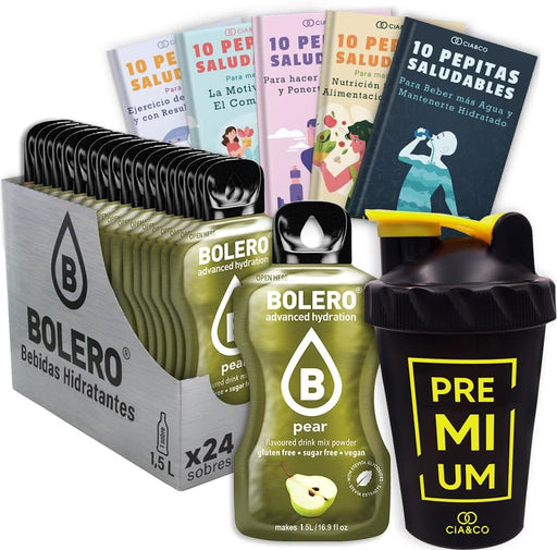 Bolero Pera Sin Azúcar (24x9g) + Shaker Cia&Co (500ml). Pack completo de bebida hidratante con 50 Pepitas Saludables para un estilo de vida activo. Cia&Co - frontal