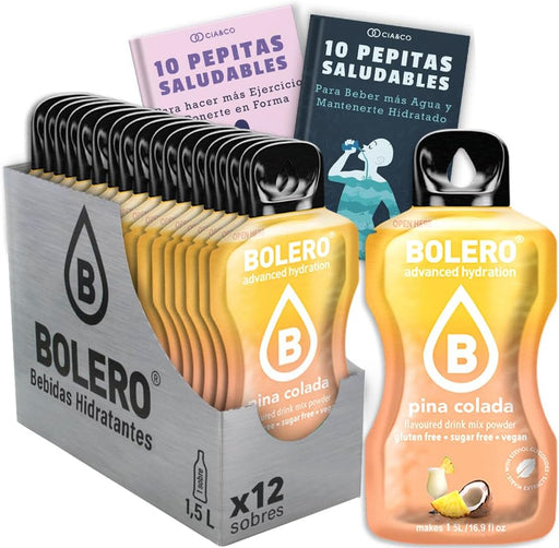 Bolero Piña Colada, el sabor del Caribe en tu agua. Pack de 12 sobres de bebida sin azúcar y baja en calorías. Incluye 20 Pepitas Saludables de Cia&Co para un bienestar tropical. Cia&Co - frontal