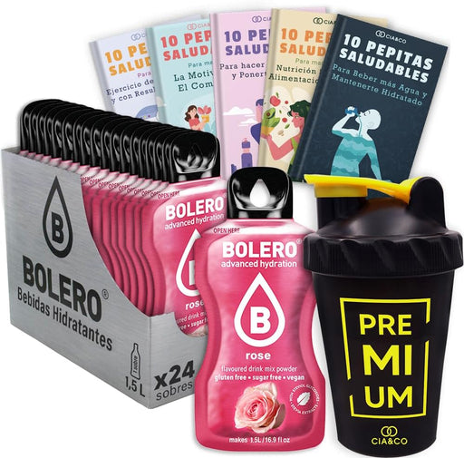 Bolero Rosa Sin Azúcar (24x9g) + Shaker Cia&Co (500ml). Pack completo de bebida hidratante con 50 Pepitas Saludables para un estilo de vida activo. Cia&Co - frontal