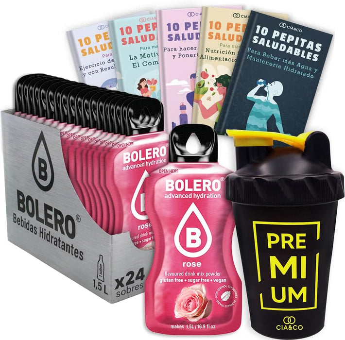 Bolero Rosa Sin Azúcar (24x9g) + Shaker Cia&Co (500ml). Pack completo de bebida hidratante con 50 Pepitas Saludables para un estilo de vida activo. Cia&Co - frontal