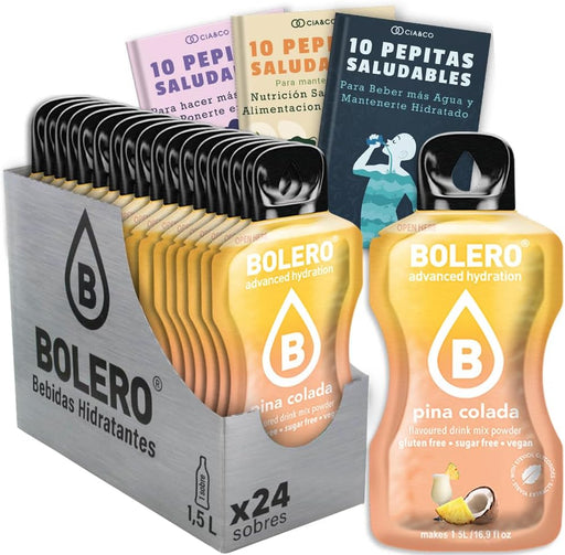 Bolero sabor Piña Colada, 24 sobres para una hidratación tropical. Bebida sin azúcar con Vitamina C. Incluye 30 Pepitas Saludables de Cia&Co para un estilo de vida saludable. Cia&Co - frontal