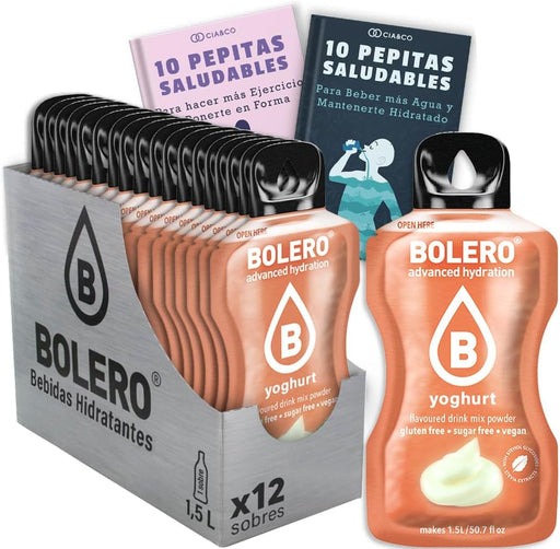 Bolero sabor Yogurt, el placer cremoso para tu hidratación. Pack de 12 sobres sin azúcar, bajos en calorías y con Vitamina C. Incluye 20 Pepitas Saludables de Cia&Co. Cia&Co - frontal