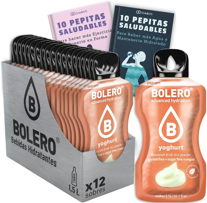 Bolero sabor Yogurt, el placer cremoso para tu hidratación. Pack de 12 sobres sin azúcar, bajos en calorías y con Vitamina C. Incluye 20 Pepitas Saludables de Cia&Co. Cia&Co - frontal
