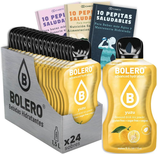 Bolero sabor Yuzu, 24 sobres para una hidratación exótica y cítrica. Bebida sin azúcar y con Vitamina C. Incluye 30 Pepitas Saludables de Cia&Co para un bienestar superior. Cia&Co - frontal