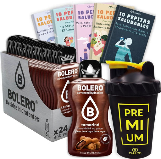 Bolero Tamarindo Sin Azúcar (24x9g) + Shaker Cia&Co (500ml). Pack completo de bebida hidratante con 50 Pepitas Saludables para un estilo de vida activo. Cia&Co - frontal
