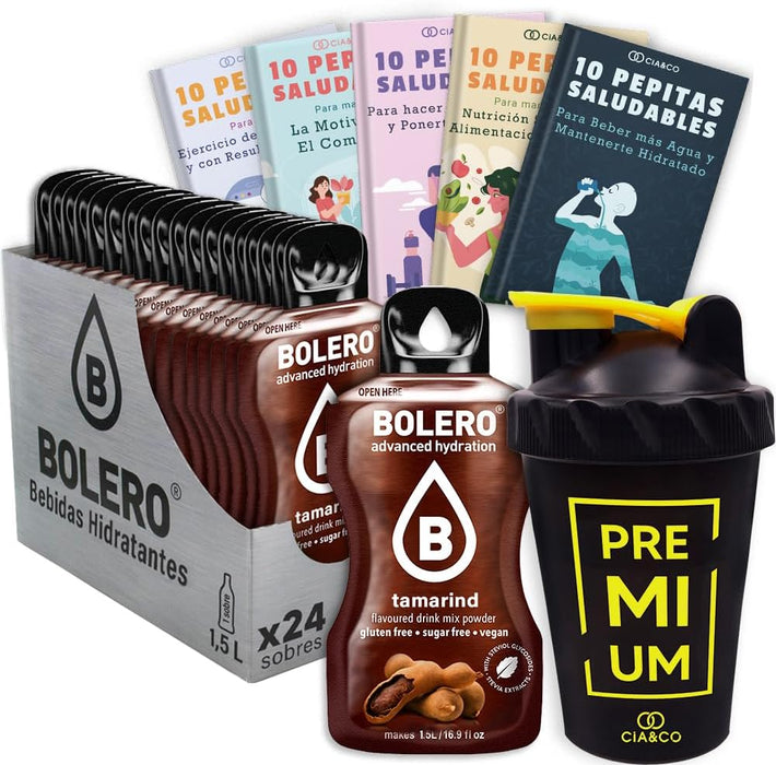 Bolero Tamarindo Sin Azúcar (24x9g) + Shaker Cia&Co (500ml). Pack completo de bebida hidratante con 50 Pepitas Saludables para un estilo de vida activo. Cia&Co - frontal