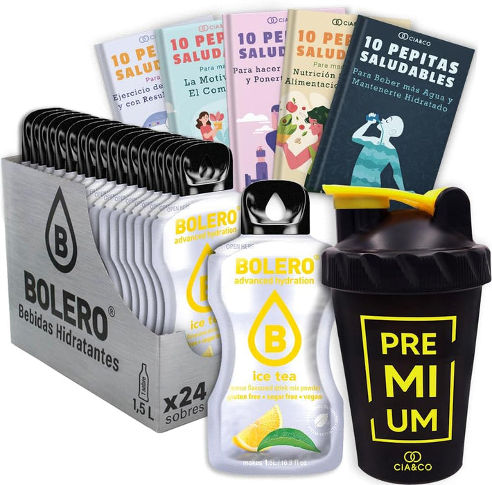 Bolero Té Helado de Limón Sin Azúcar (24x9g) + Shaker Cia&Co (500ml). Pack completo de bebida hidratante con 50 Pepitas Saludables para un estilo de vida activo. Cia&Co - frontal