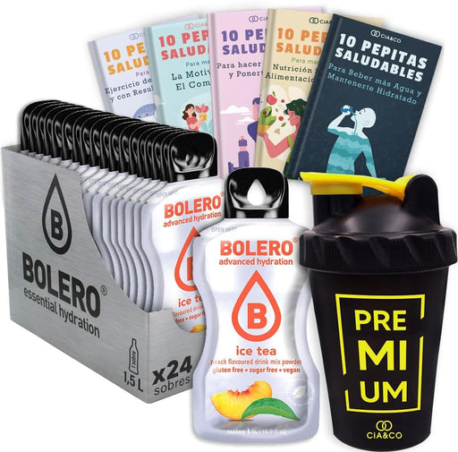 Bolero Té Helado de Melocotón Sin Azúcar (24x9g) + Shaker Cia&Co (500ml). Pack completo de bebida hidratante con 50 Pepitas Saludables para un estilo de vida activo. Cia&Co - frontal