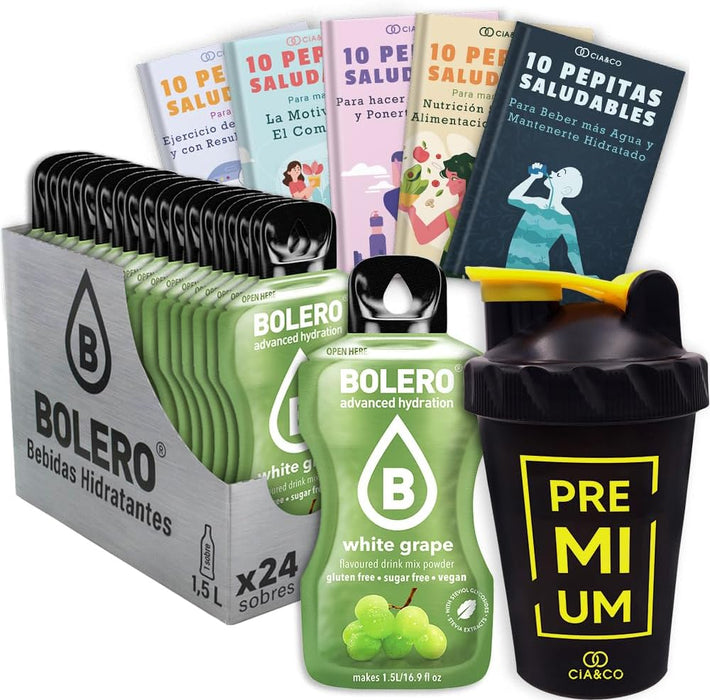 Bolero Uva Blanca Sin Azúcar (24x9g) + Shaker Cia&Co (500ml). Pack completo de bebida hidratante con 50 Pepitas Saludables para un estilo de vida activo. Cia&Co - frontal
