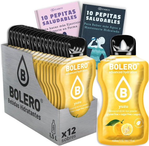 Bolero Yuzu, el cítrico gourmet japonés en tu vaso. Pack de 12 sobres de bebida sin azúcar y con Vitamina C. Incluye 20 Pepitas Saludables de Cia&Co para un bienestar elevado. Cia&Co - frontal