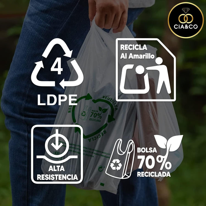 Bolsas de Plástico 70% Reciclado Cia&Co, Tamaño 3XL (60x70cm), Pack 25 Uds. Aptas para uso alimentario, reutilizables y resistentes (Galga 200) cumpliendo con la normativa española. Cia&Co - presentacion
