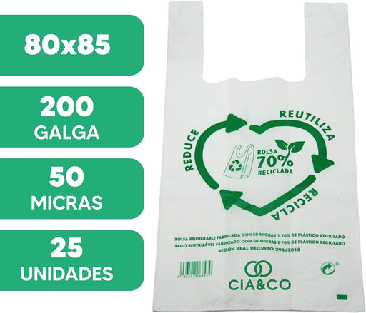 Bolsas de Plástico 70% Reciclado Cia&Co, Tamaño 4XL (80x85cm), Pack 25 Uds. Aptas para uso alimentario, reutilizables y resistentes (Galga 200) cumpliendo con la normativa española. Cia&Co - pack