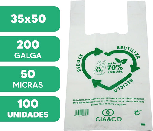 Bolsas de Plástico 70% Reciclado Cia&Co, Tamaño L (35x50cm), Pack 100 Uds. Aptas para uso alimentario, reutilizables y resistentes (Galga 200) cumpliendo con la normativa española. Cia&Co - pack