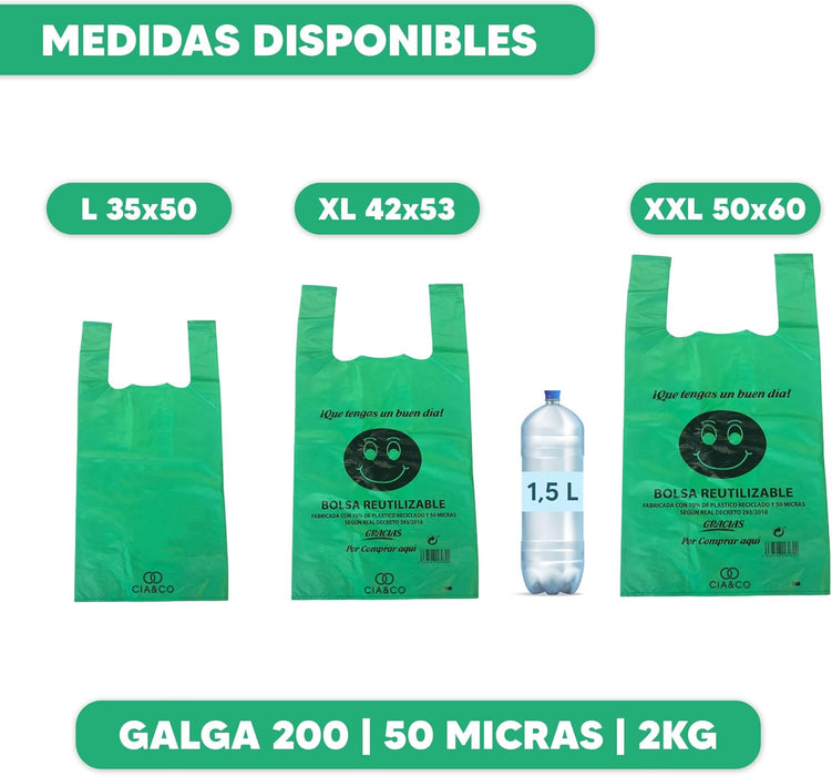 Bolsas de Plástico 70% Reciclado Cia&Co, Tamaño L (35x50cm), Pack 2 Kilos (120 Uds). Aptas para uso alimentario, reutilizables y resistentes (Galga 200) cumpliendo la normativa española. Cia&Co - lateral