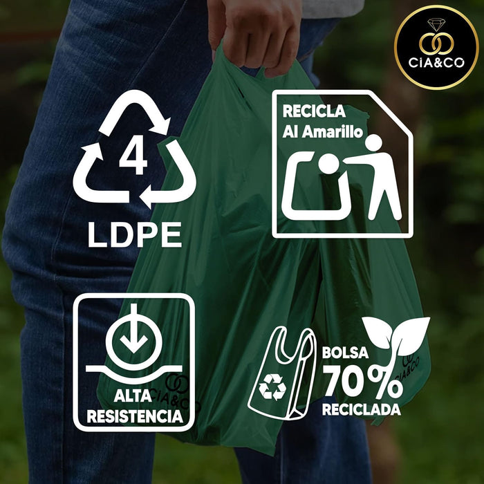 Bolsas de Plástico 70% Reciclado Cia&Co, Tamaño L (35x50cm), Pack 2 Kilos (120 Uds). Aptas para uso alimentario, reutilizables y resistentes (Galga 200) cumpliendo la normativa española. Cia&Co - presentacion