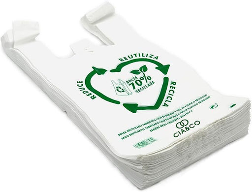 Bolsas de Plástico Blanco 70% Reciclado Cia&Co, Tamaño XL (42x53cm), Pack 2 Kilos. Aptas para uso alimentario, reutilizables y muy resistentes (Galga 200) cumpliendo la normativa española. Cia&Co - frontal