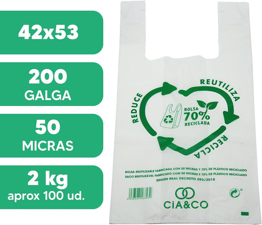 Bolsas de Plástico Blanco 70% Reciclado Cia&Co, Tamaño XL (42x53cm), Pack 2 Kilos. Aptas para uso alimentario, reutilizables y muy resistentes (Galga 200) cumpliendo la normativa española. Cia&Co - pack