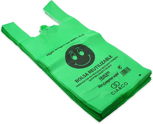 Bolsas de Plástico XL Verdes (42x53 cm) Cia&Co, 2 Kg (100 uds aprox). Fabricadas con un 70% de material reciclado, reutilizables, aptas para uso alimentario y con galga 200. Cia&Co - frontal
