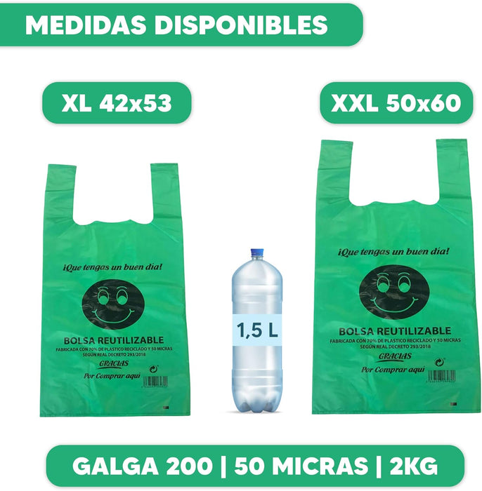Bolsas de Plástico XL Verdes (42x53 cm) Cia&Co, 2 Kg (100 uds aprox). Fabricadas con un 70% de material reciclado, reutilizables, aptas para uso alimentario y con galga 200. Cia&Co - lateral