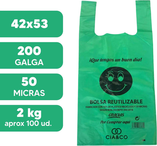 Bolsas de Plástico XL Verdes (42x53 cm) Cia&Co, 2 Kg (100 uds aprox). Fabricadas con un 70% de material reciclado, reutilizables, aptas para uso alimentario y con galga 200. Cia&Co - pack