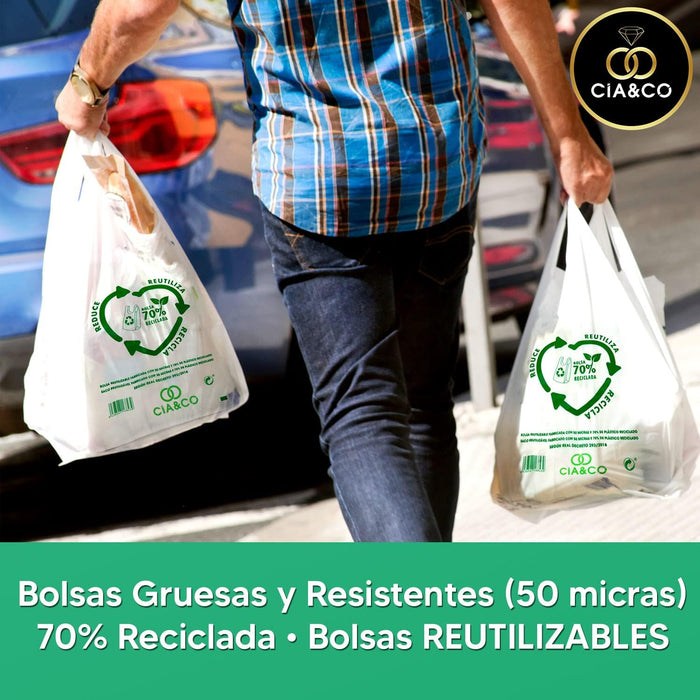Bolsas de Plástico XXL (50x60 cm) Cia&Co, pack de 50 unidades. Fabricadas con un 70% de material reciclado, reutilizables, aptas para uso alimentario y con galga 200. Cia&Co - detalle