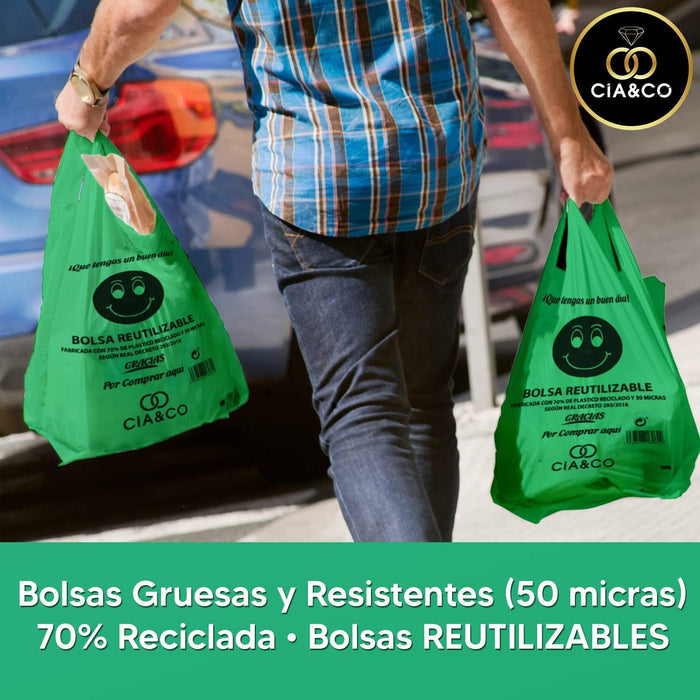 Bolsas de Plástico XXL Verdes (50x60 cm) Cia&Co, 2 Kg (70 uds aprox). Fabricadas con un 70% de material reciclado, reutilizables, aptas para uso alimentario y con galga 200. Cia&Co - detalle