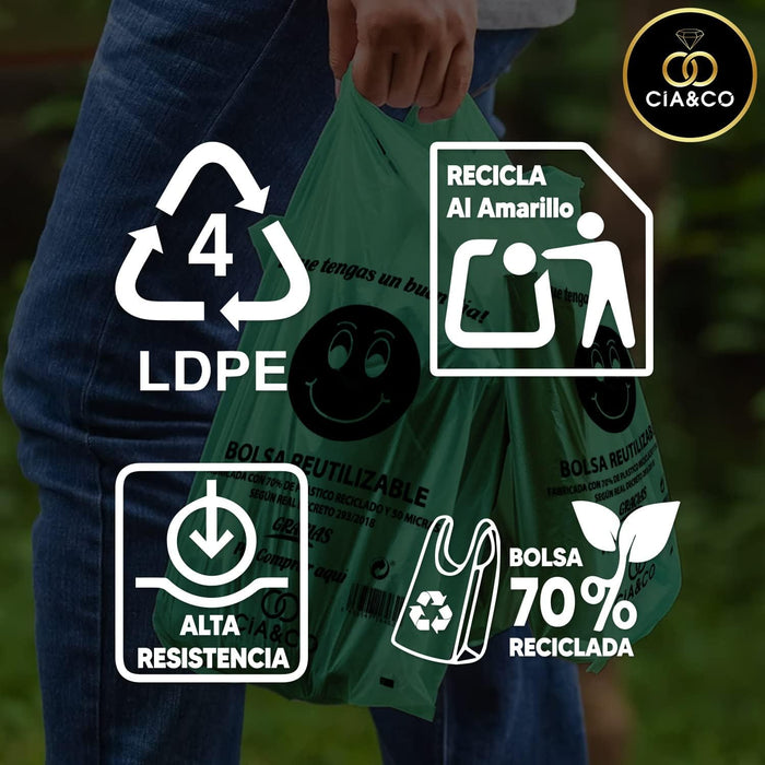Bolsas de Plástico XXL Verdes (50x60 cm) Cia&Co, 2 Kg (70 uds aprox). Fabricadas con un 70% de material reciclado, reutilizables, aptas para uso alimentario y con galga 200. Cia&Co - presentacion