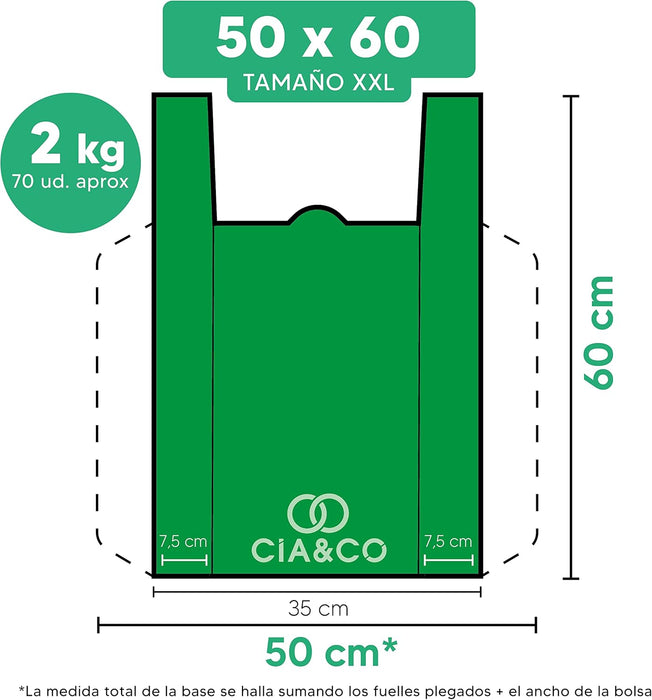 Bolsas de Plástico XXL Verdes (50x60 cm) Cia&Co, 2 Kg (70 uds aprox). Fabricadas con un 70% de material reciclado, reutilizables, aptas para uso alimentario y con galga 200. Cia&Co - uso