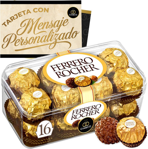 Caja de 16 Bombones Ferrero Rocher (200g) con Tarjeta Personalizada Cia&Co. El regalo perfecto para cumpleaños, aniversarios y agradecimientos, con un mensaje único para esa persona especial. Cia&Co - frontal